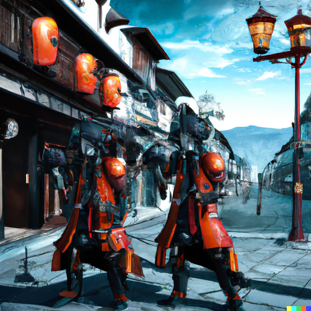 Prompt: Steampunk clockwork android samurais walking down the street in Kyoto, realistic digital art