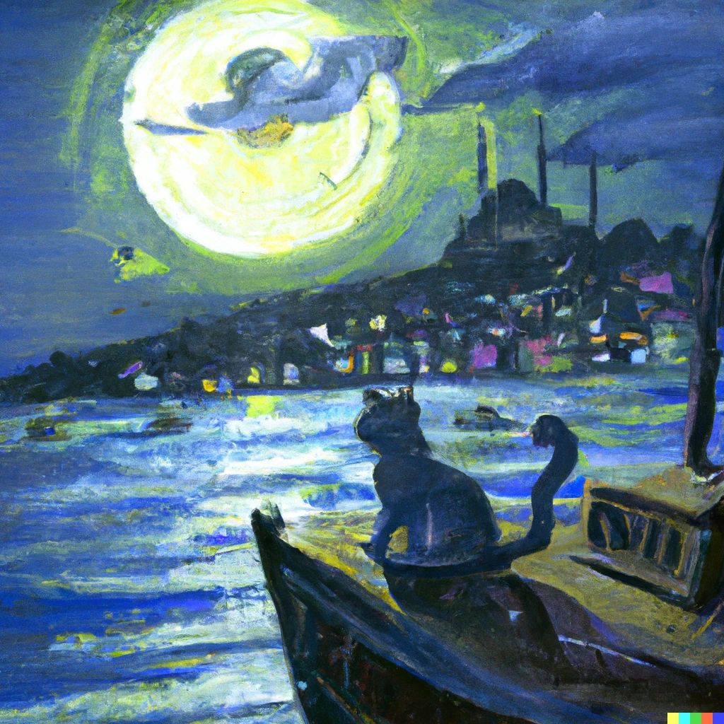 Prompt: painting of a cat on a ship arriving at Istanbul on a moonlit evening