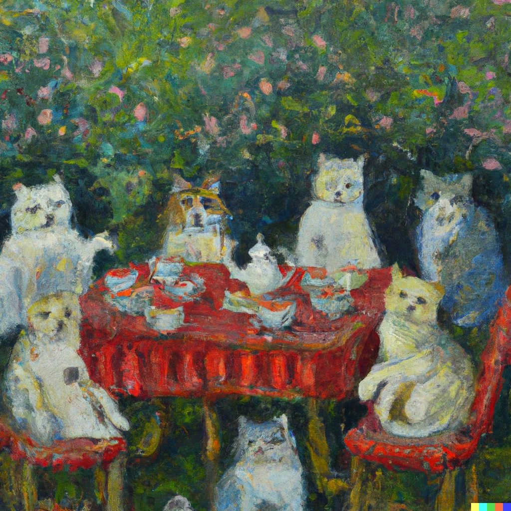 Prompt: An impressionist oil painting of six cats at a tea party in a garden