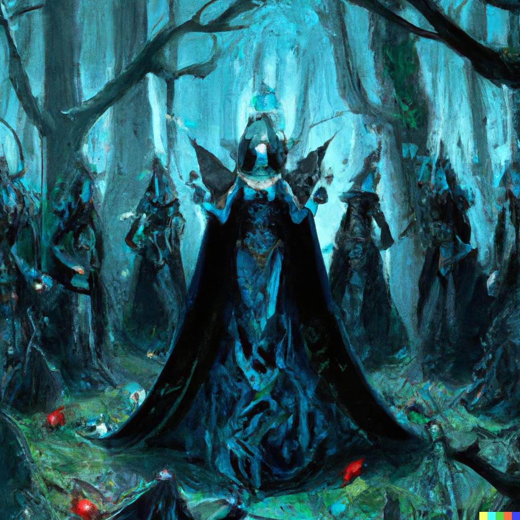 Prompt: art nouveau illustration of the dark queen of the faeries holding court in a mysterious forest clearing, many elves pay tribute, digital art 