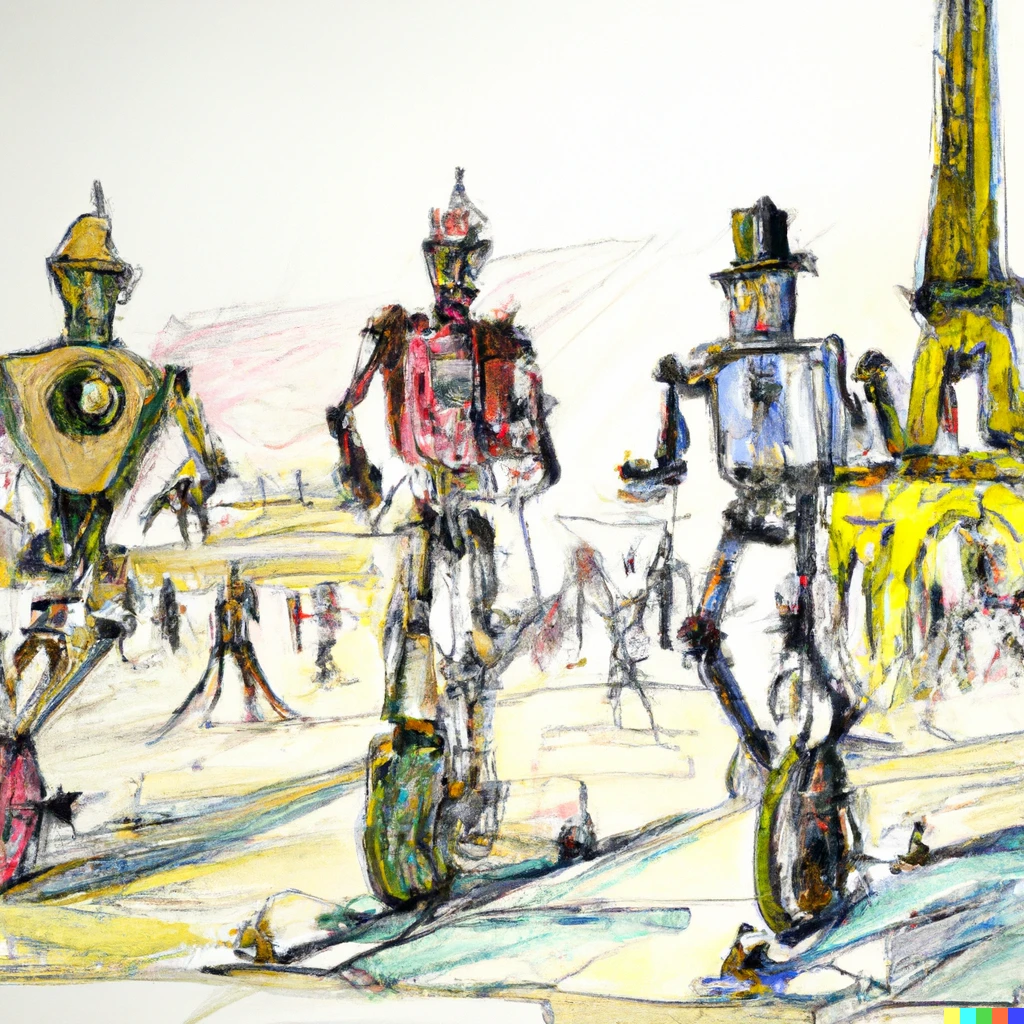 Prompt: Pencil and watercolour of robots having a race on penny farthings in Paris 