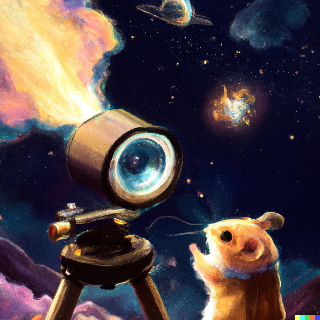 Prompt: A little hamster admiring a nebula that looks like the face of a goddess with a telescope, digital art