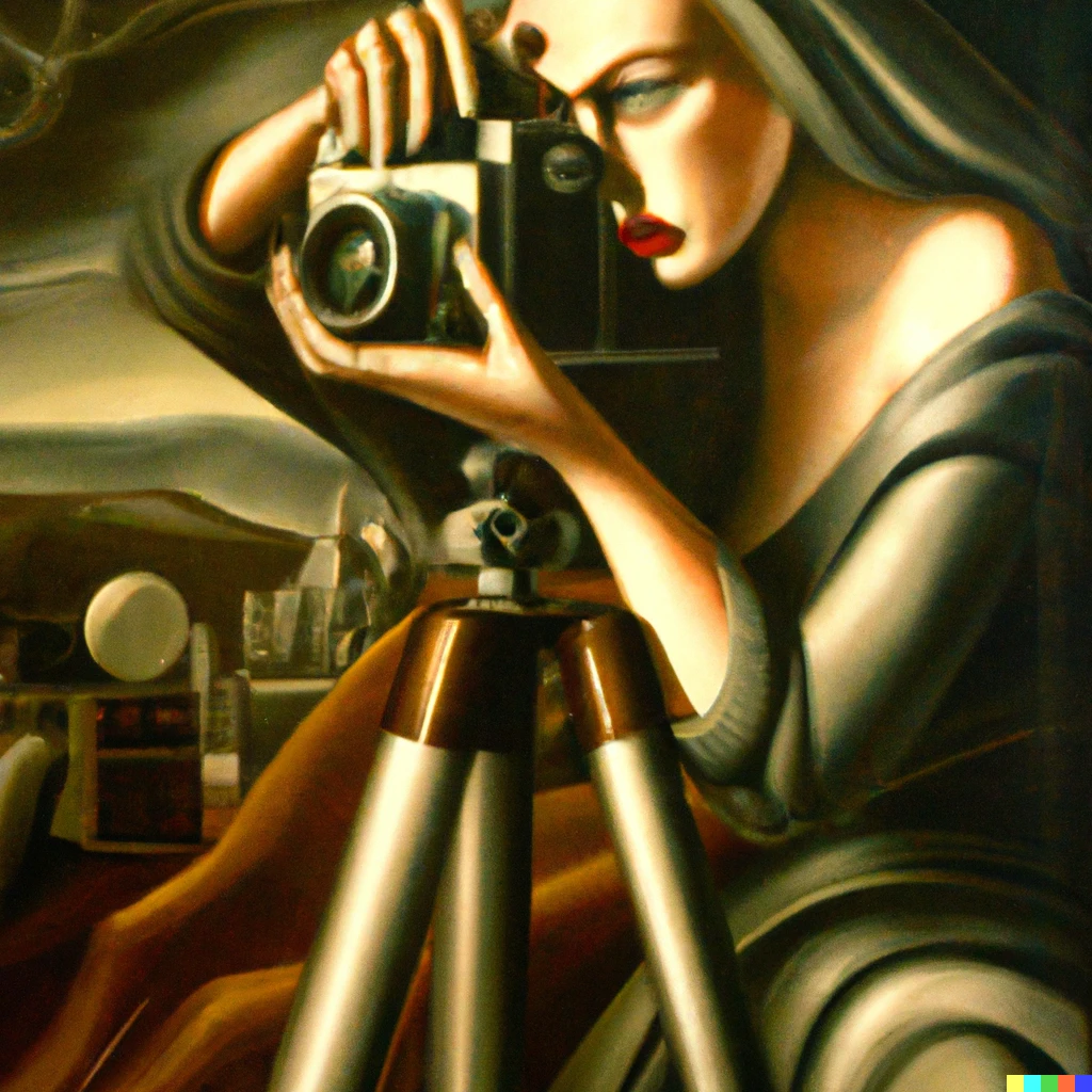 Prompt: Oil painting "Female photographer of apocalypse" by Tamara Łempicka