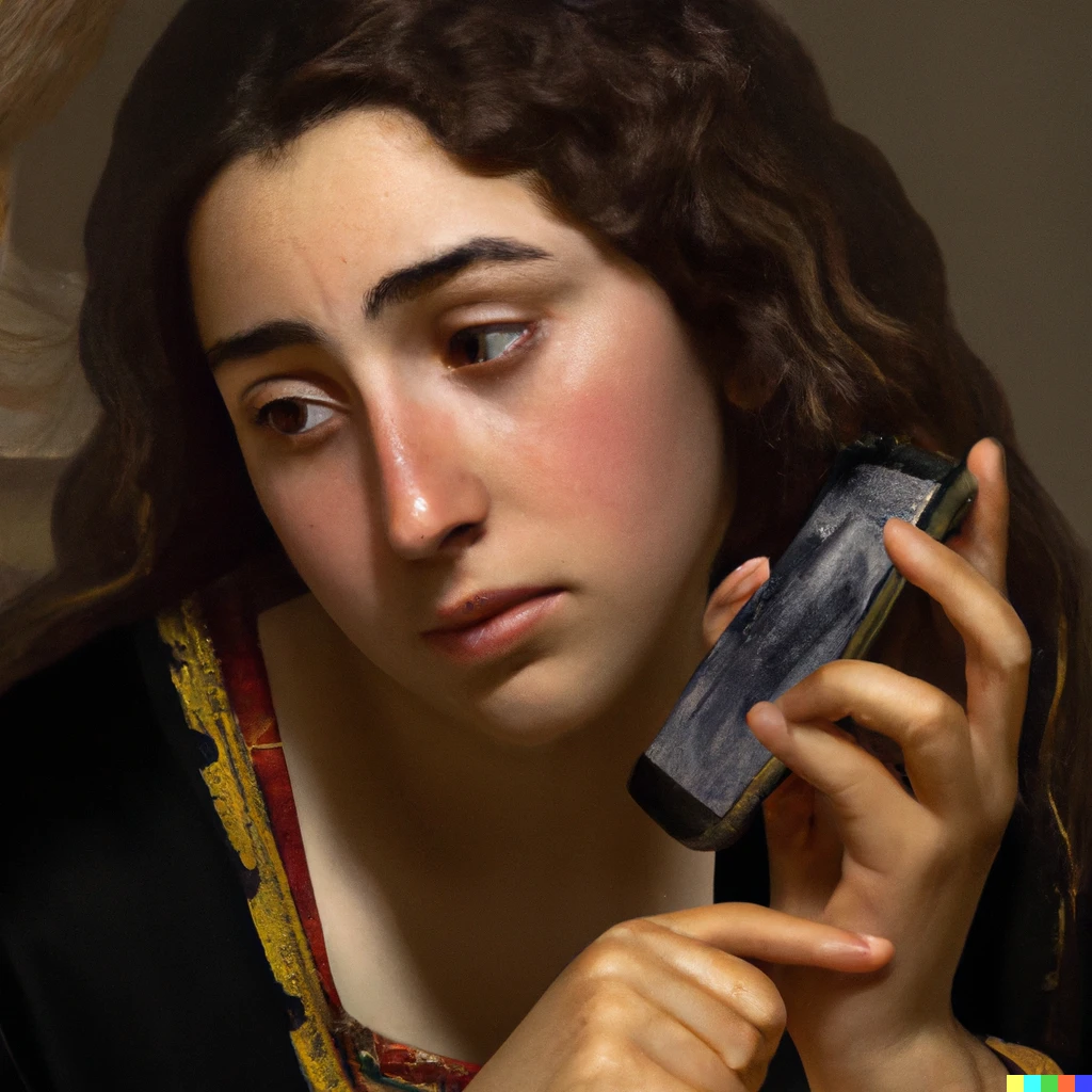 Prompt: reneissance painting " woman with broken iphone" by Caravaggio