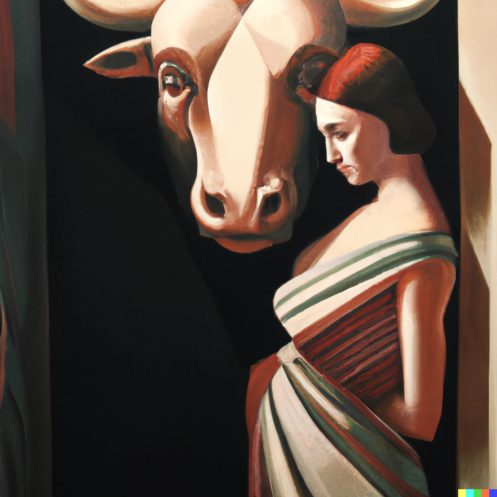 Prompt: Oil painting "Portrait of Pasiphae and the bull" by Tamara Łempicka, museum of art