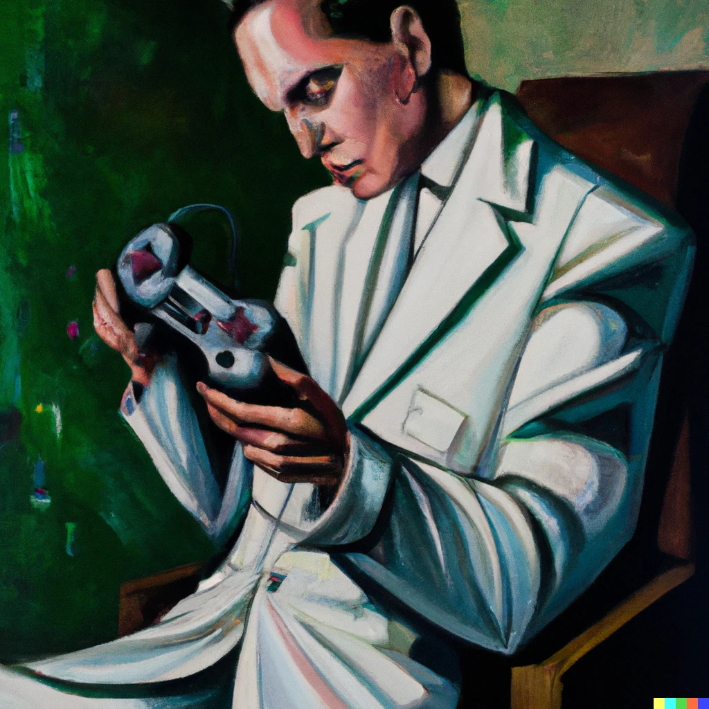 Prompt: Tamara Łempicka painting of  a man with Xbox