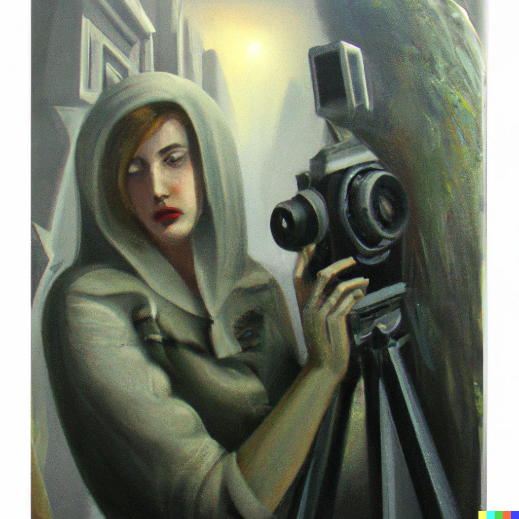 Prompt: Oil painting "Female photographer of the apocalypse" by Tamara Łempicka