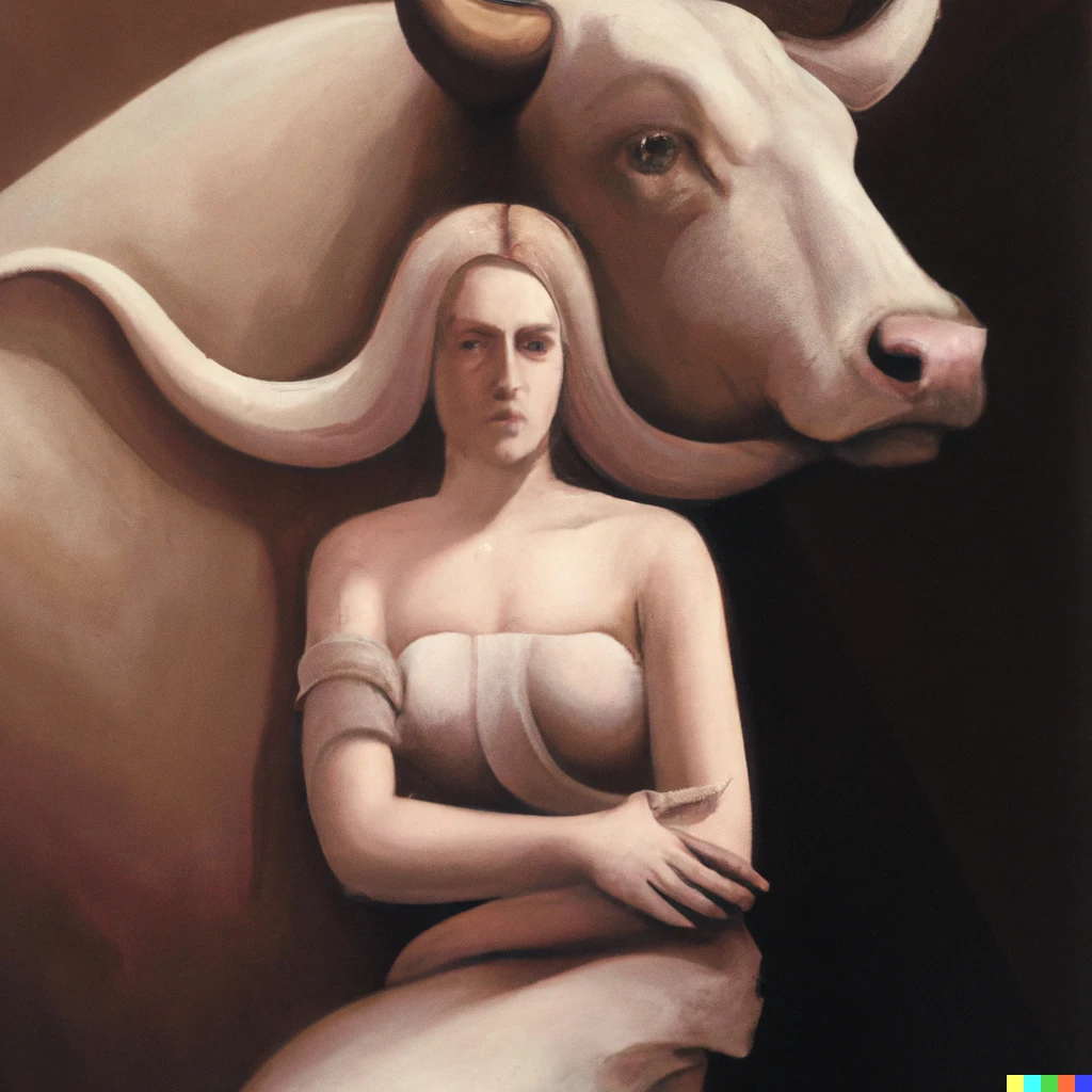 Prompt: Oil painting "Portrait of Pasiphae and the bull" by Tamara Łempicka, museum of art