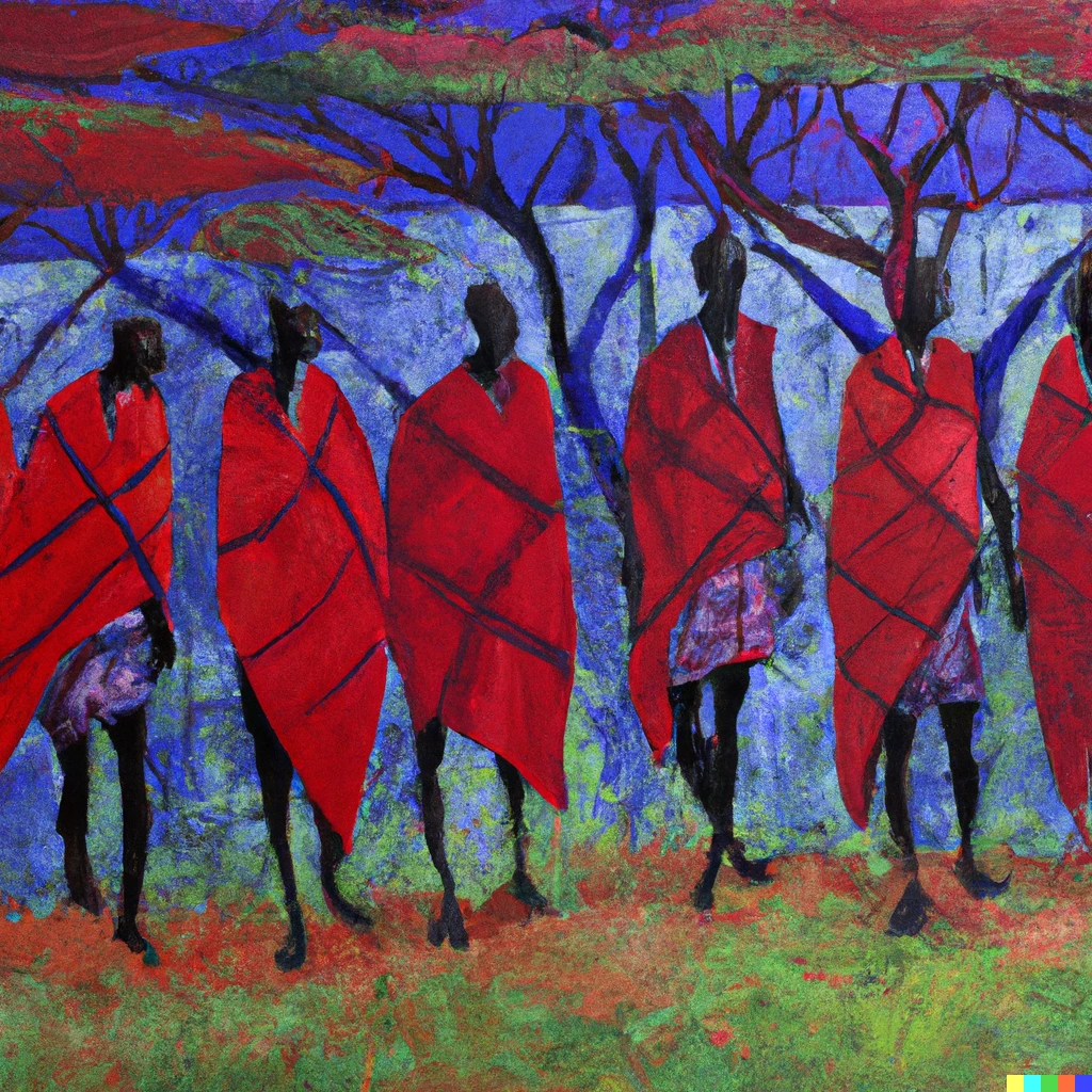 Prompt: An impressionist oil painting of maasai warriors