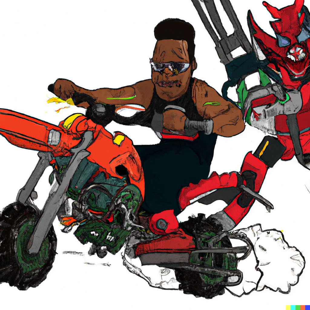 Prompt: Black man with a chainsaw on a motorcycle fighting a horned red demon with 12 arms, manga