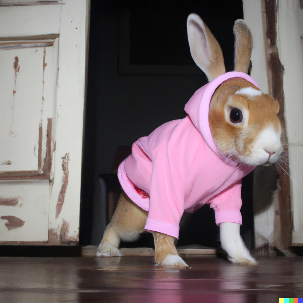 Prompt: A brown bunny wearing a pink tracksuit exploring a haunted house, photograph