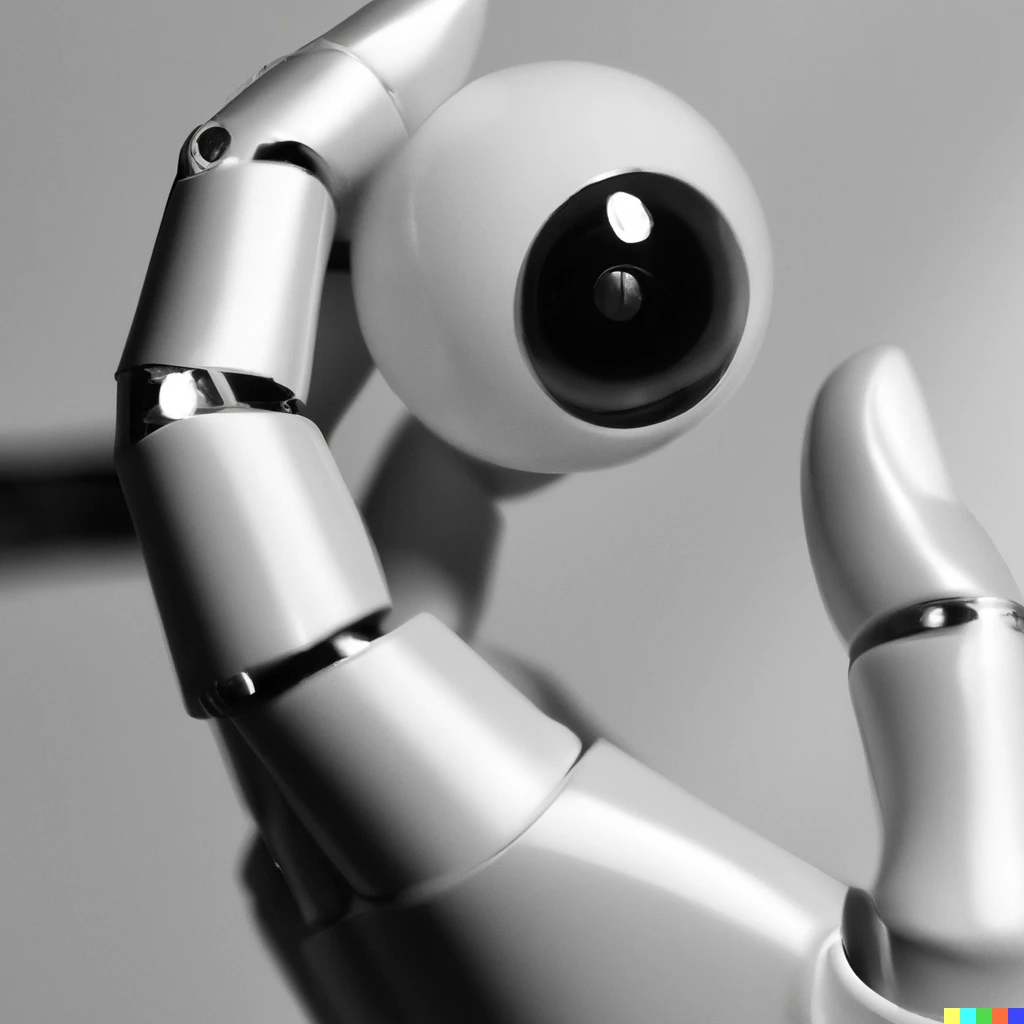 Prompt: A robotic hand holding a small eyeball, black and white photograph