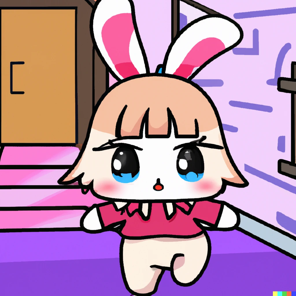 Prompt: A brown bunny wearing a pink tracksuit exploring a haunted house, anime