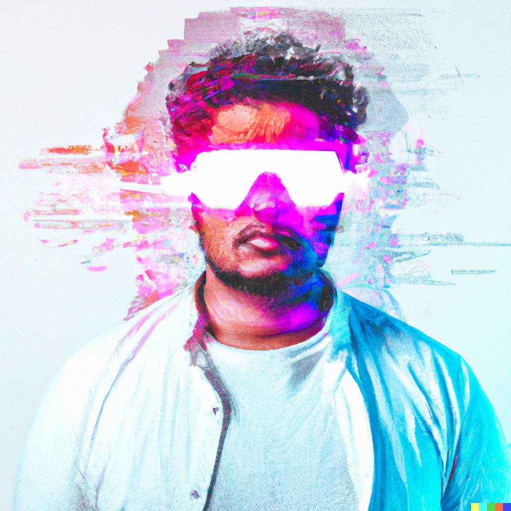 Prompt: Mixed race man wearing augmented reality glasses, synthwave