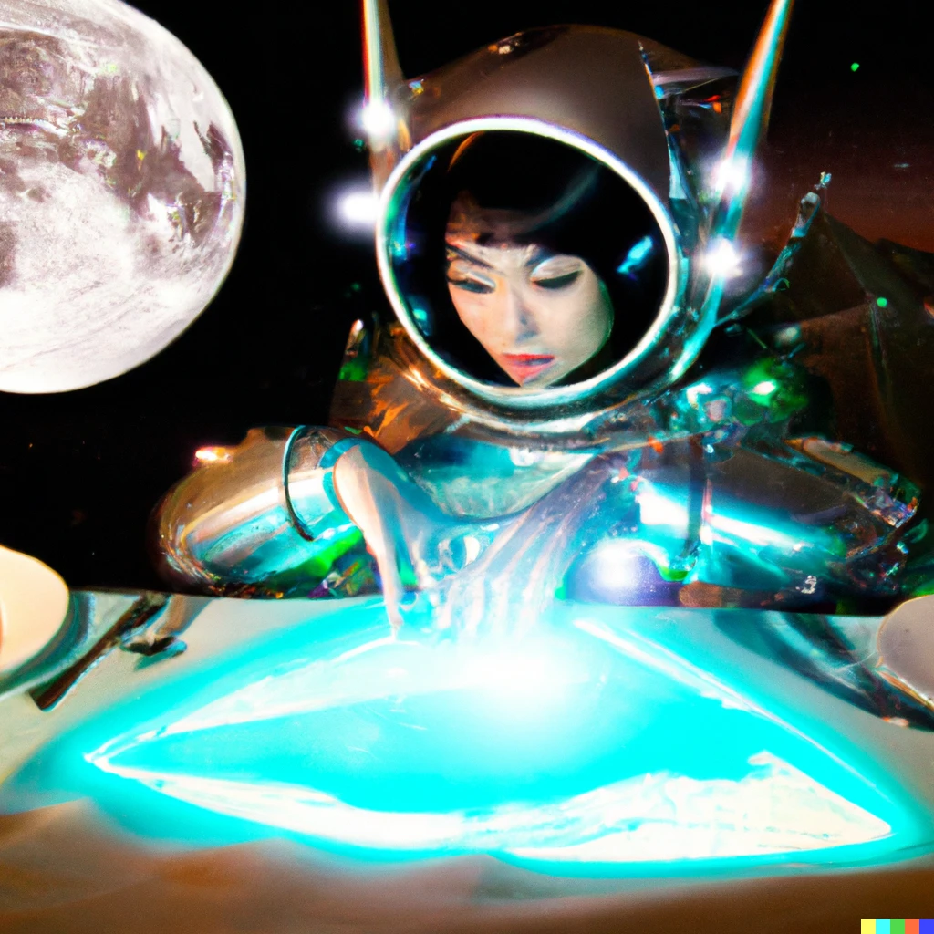 Prompt: Japanese woman in a mech suit having dinner on the moon with a hologram, photo