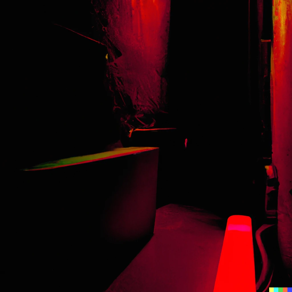 Prompt: The basement, red lighting, photograph 