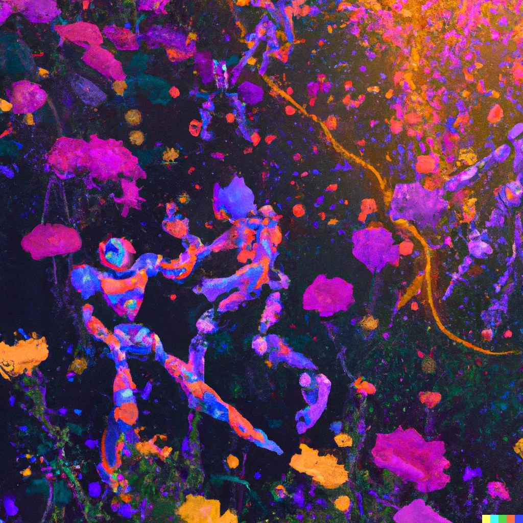 Prompt: Robots dancing in a neon field of flowers, digital art