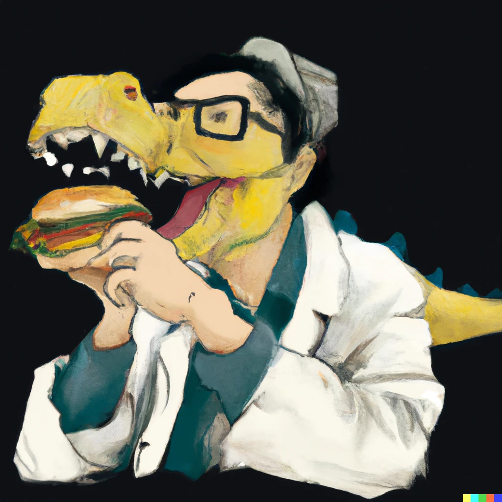 Prompt: Time traveling dinosaur scientist eating a Cheeseburger in the year 3000, Yoji Shinkawa illustration 