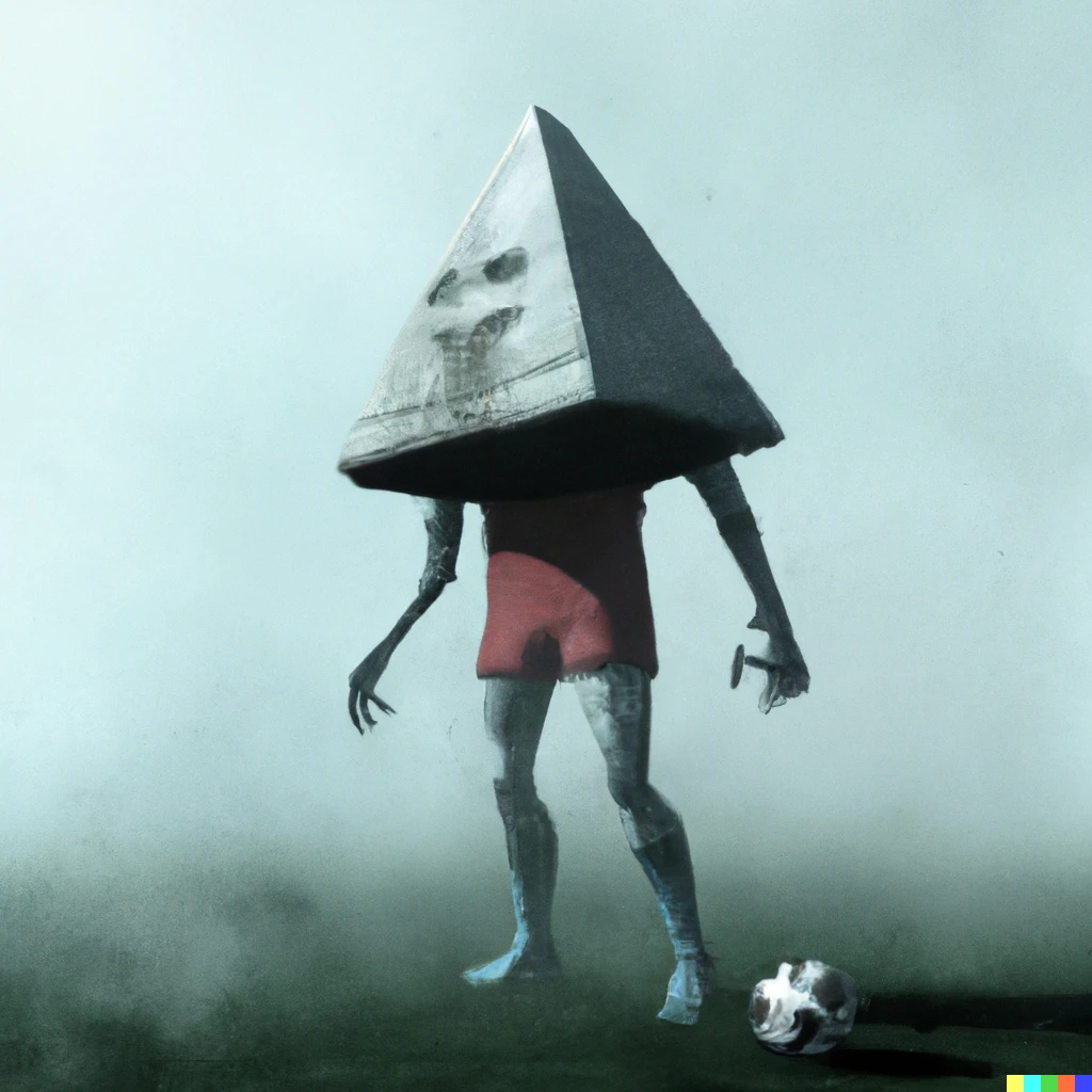 Prompt: Pyramid Head from Silent Hill playing soccer 