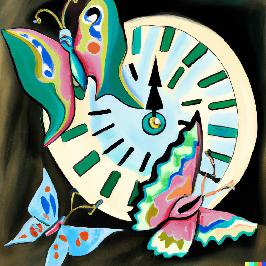 Prompt: Butterflies flying through time, Picasso 
