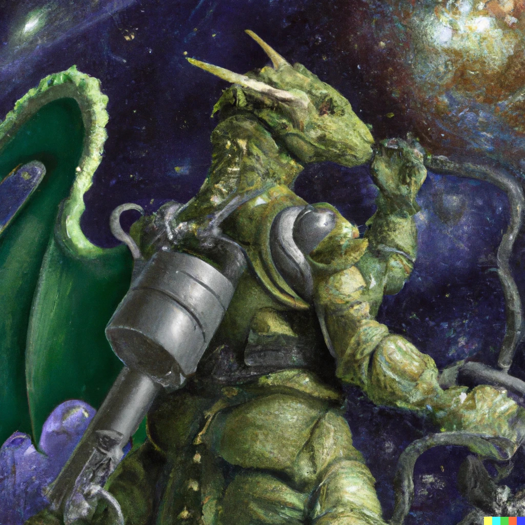 Prompt: Green dragon wearing a mech suit exploring the Milky Way Galaxy, Michelangelo painting