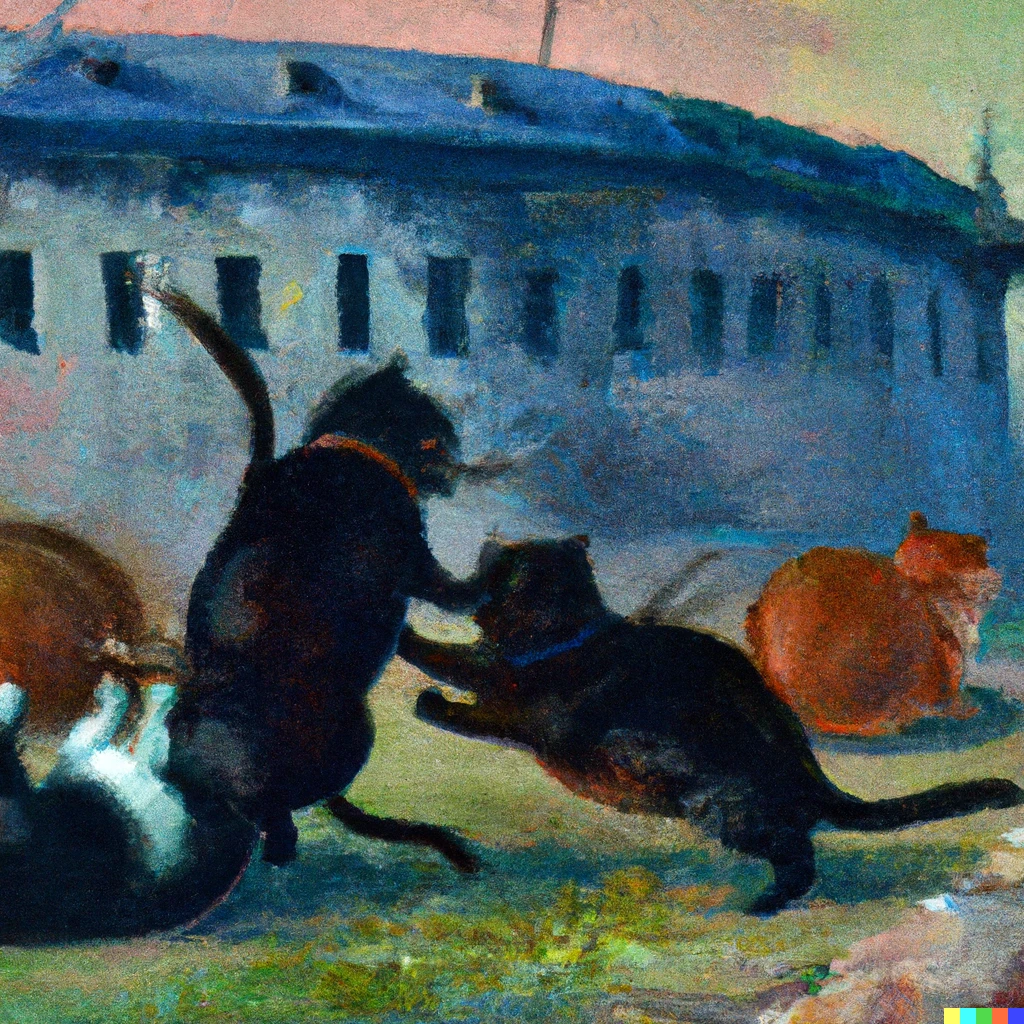Prompt: Cats fighting at Fort Sumter, oil painting