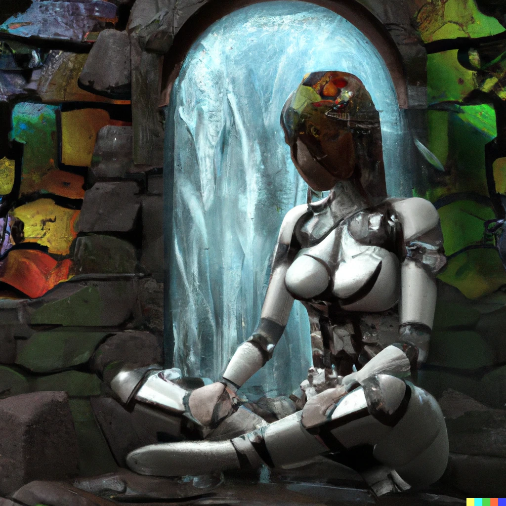 Prompt: A damaged female robot with brown hair meditating under a waterfall, stained glass window