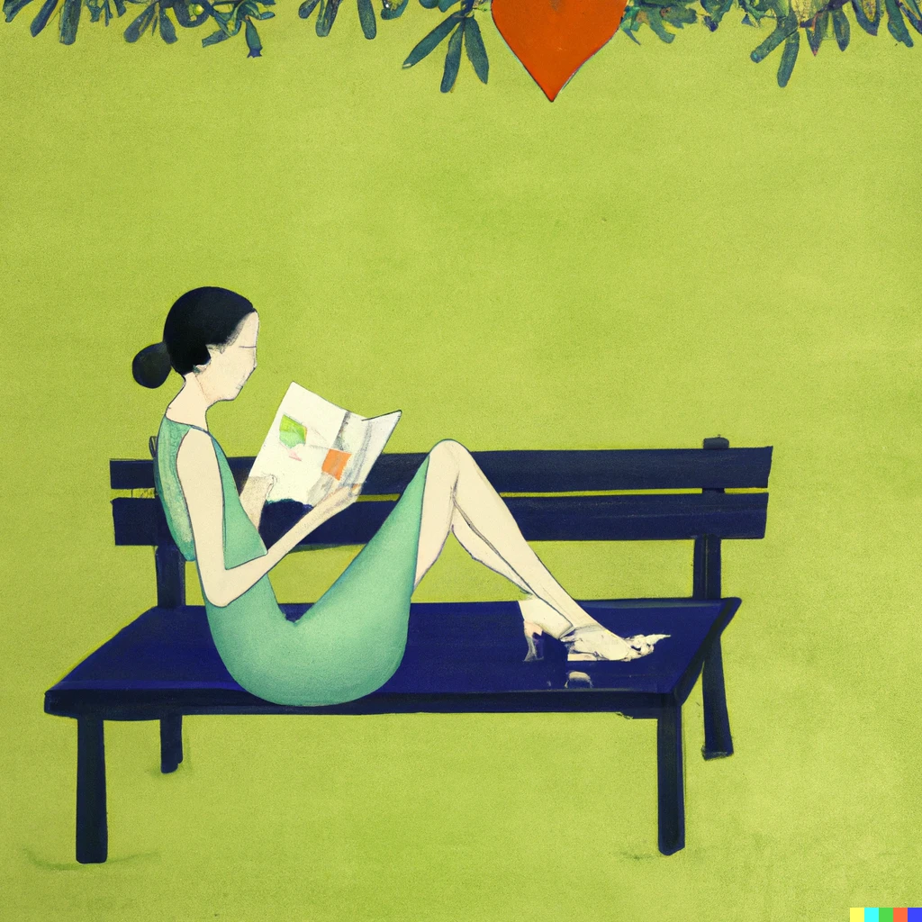 Prompt: A woman in love reading a book on a park bench, painted by Henri Matisse 