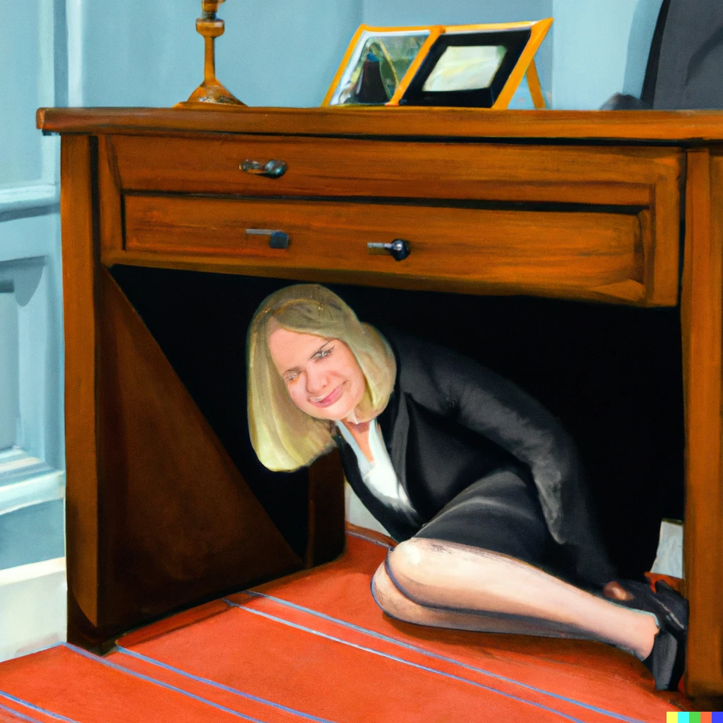 Prompt: Liz truss hiding under a desk in 10 downing Street oil painting 