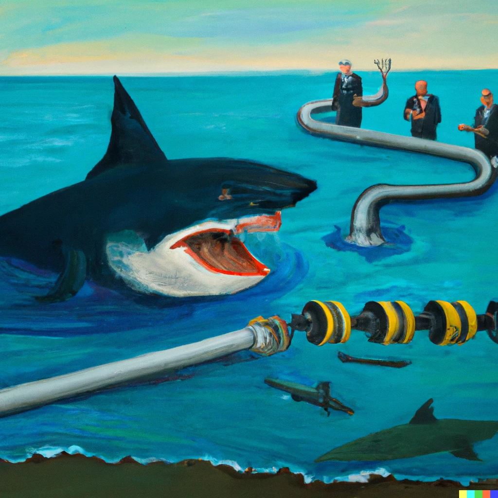 Prompt: Russian president sabotages an oil pipeline with sharks oil painting 