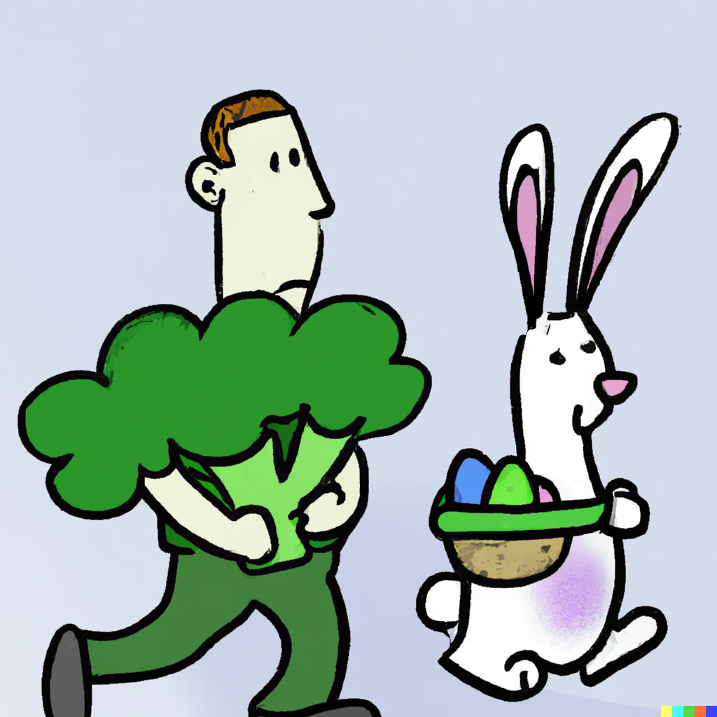 Prompt: Drawing of a rabbit bringing some Easter eggs and a man bringing some broccoli