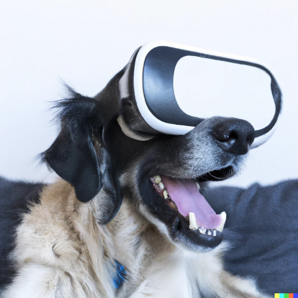 Prompt: a portrait of a dog with VR glasses, having fun