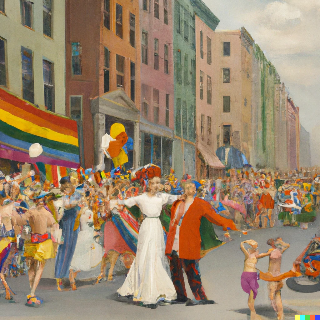 Prompt: oil painting by Norman Rockwell, gay pride parade