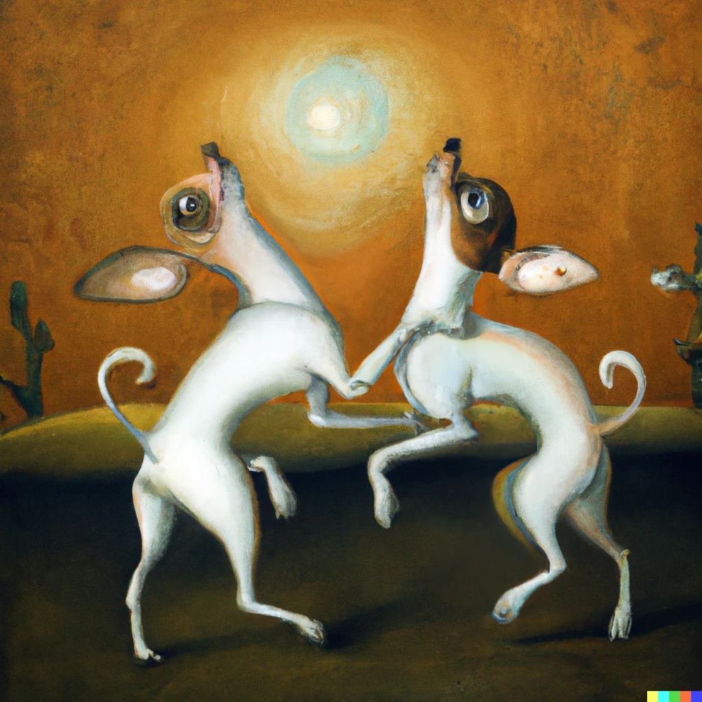 Prompt: a surrealist dream-like oil painting by Salvador Dalí of two chihuahuas dancing together in the desert