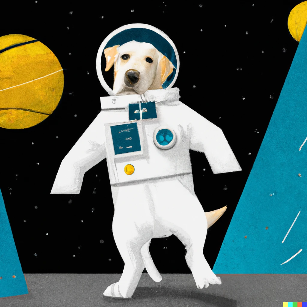 Prompt: A yellow Labrador retriever doing a space walk wearing a space suit, outside the Endeavor space shuttle in a realistic style with moon in the background 