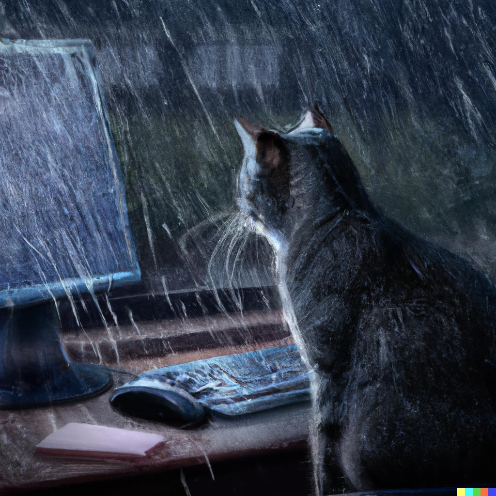Prompt: a cat programming on a computer during a rainstorm in a photorealistic style