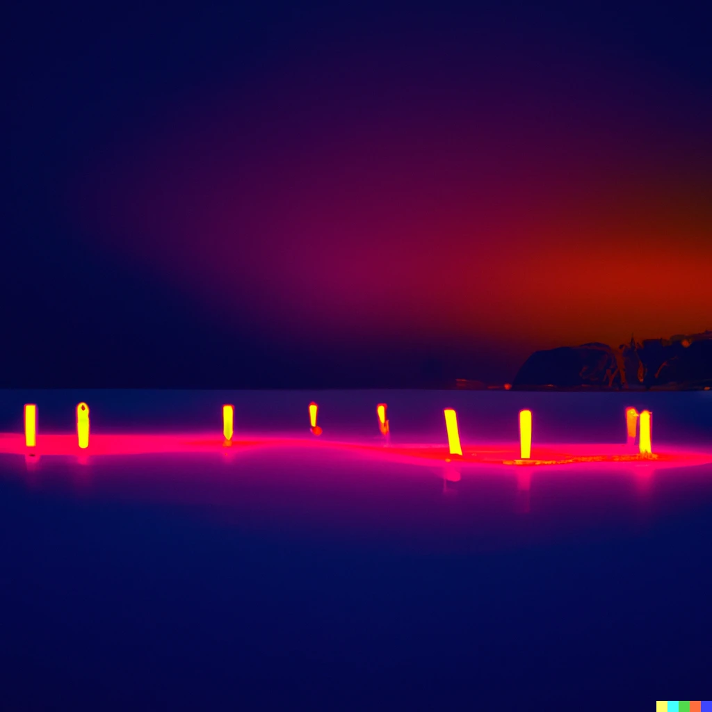 Prompt: A landscape photograph of orange neon lights floating in parallel above a snowy frozen lake, 4k photography