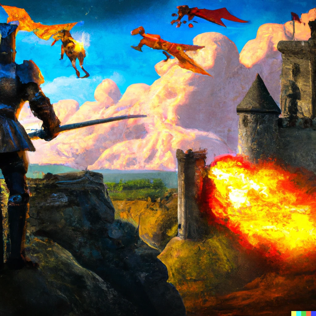 Prompt: A mediaeval knight defending a castle moat that is on fire while dragons fly in the distance