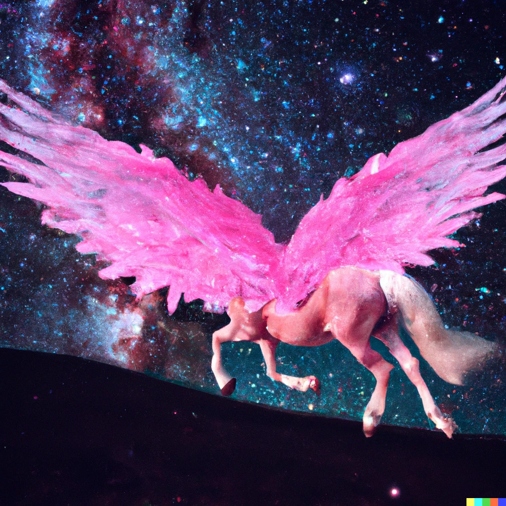 Prompt: ein foto von einem durch die galaxie fliegendem rosa pferd mit bunten flügeln