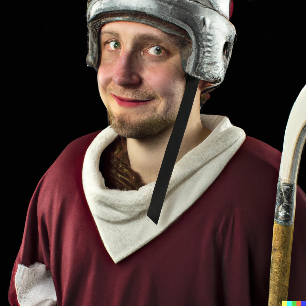 Prompt: A hyperrealistic photograph af a medieval hockey player