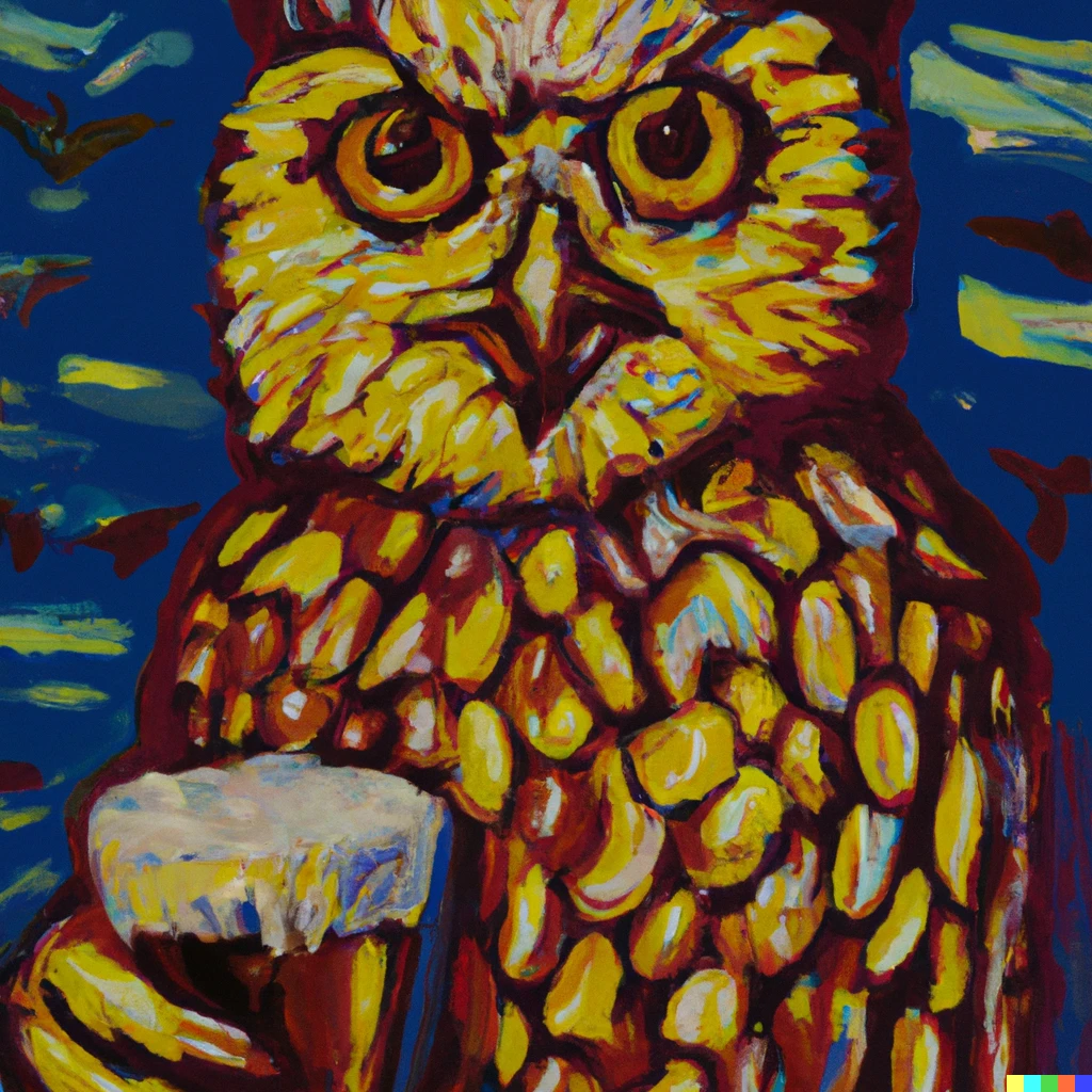 Prompt: A painting in the style of Van Gogh of an owl drinking a beer. 