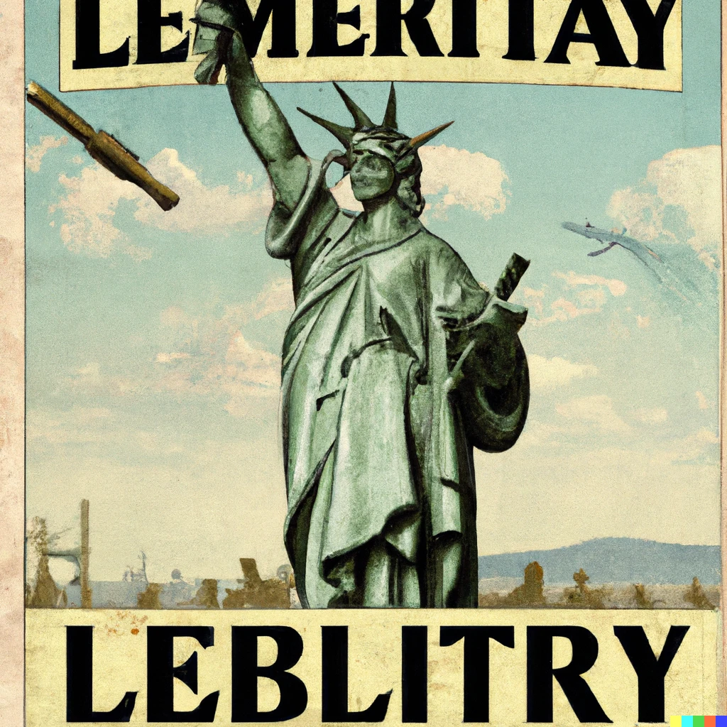 Prompt: propaganda poster of the Statue of Liberty holding an m16 assault rifle