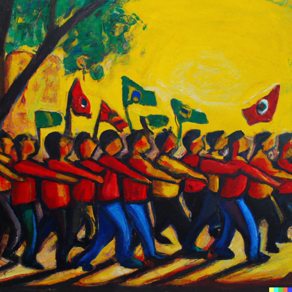 Prompt: A Romanticist oil painting of a workers revolution in Brazil
