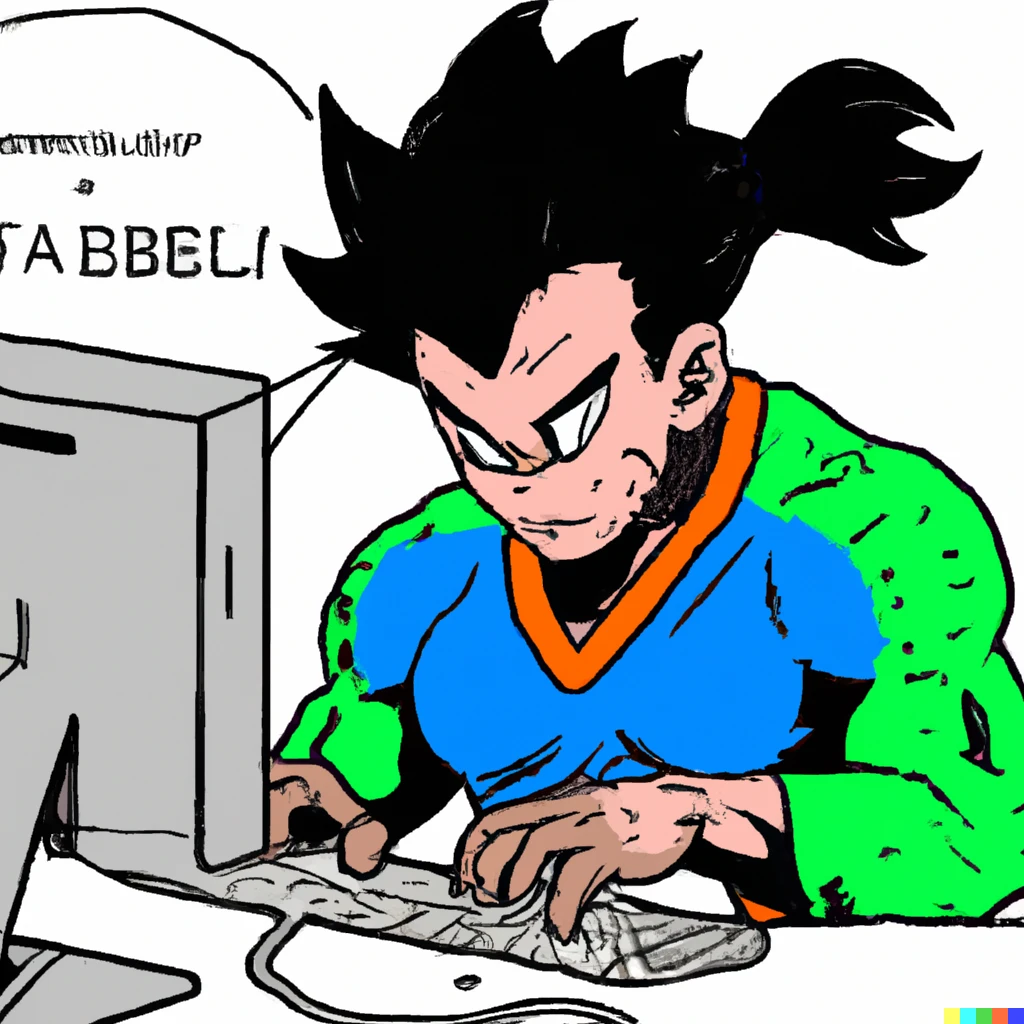 Prompt: a programmer writing code on a computer drawn in the style of a dragon ball z character by Akira Toriyama