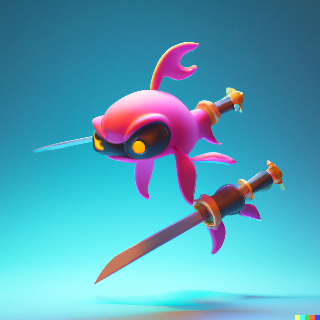 Prompt: 3d render cute ninja-fish sword fighting underwater, digital art