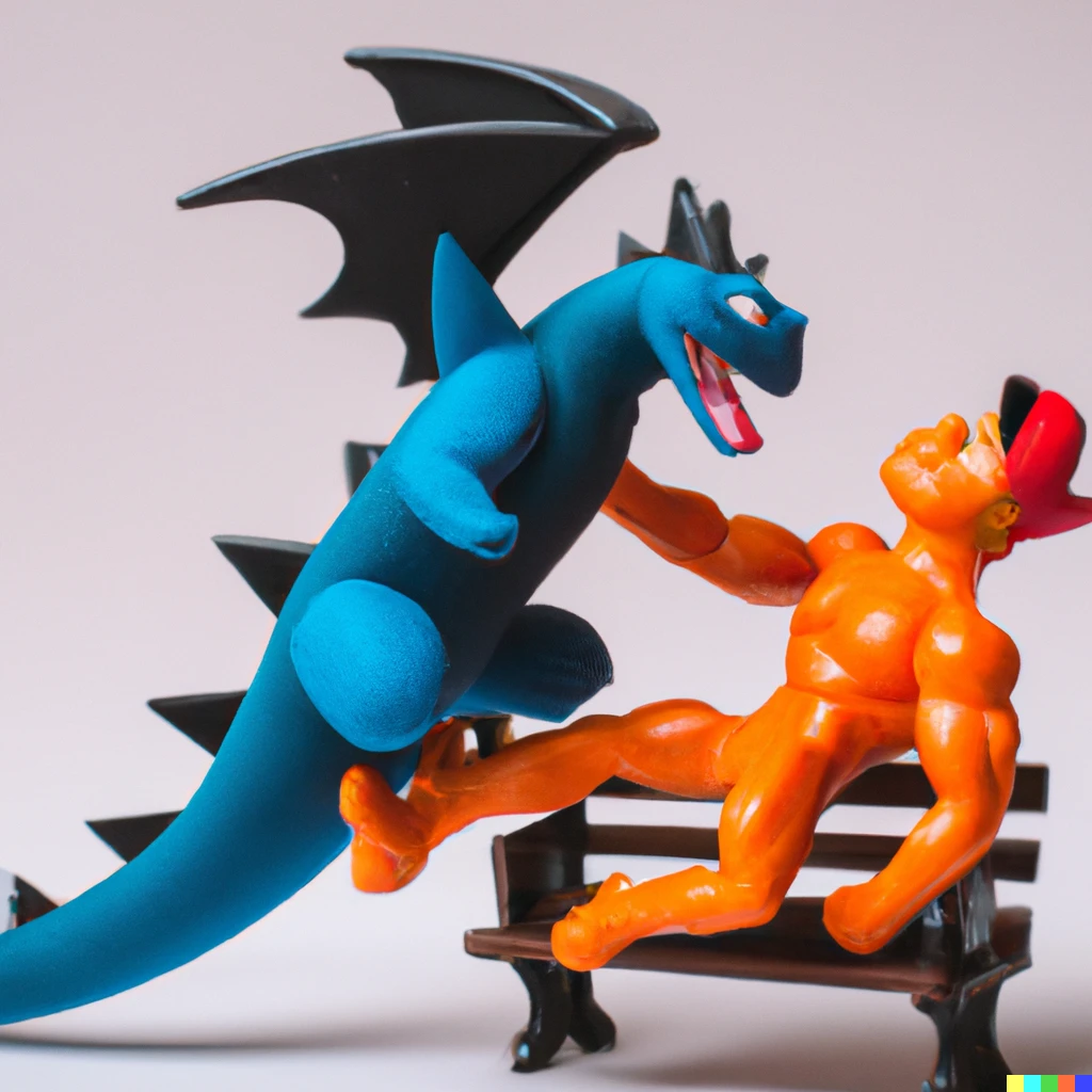 Prompt: photograph of muscular charizard bench pressing ash ketchum 