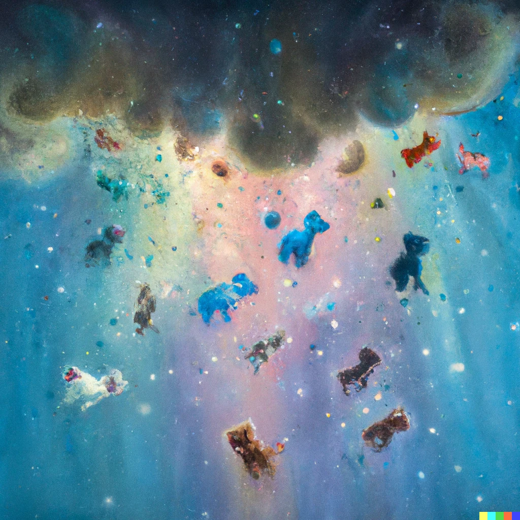 Prompt: impressionists painting of a nebula spawning cute animals raining from the sky