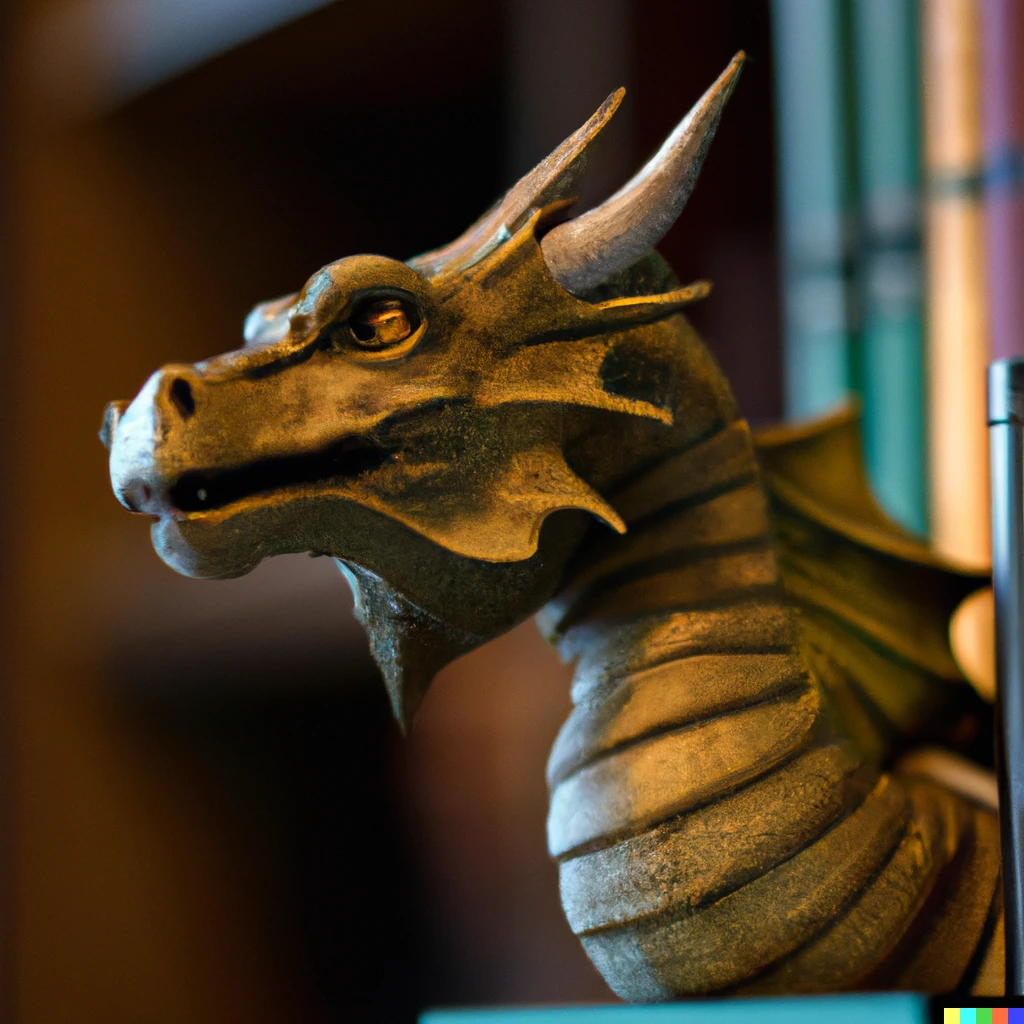 Prompt: A portrait of a dragon in a library, Sigma 85mm f/1.4