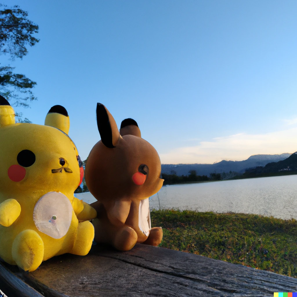 Prompt: Rilakkuma and Pikachu beside a lake