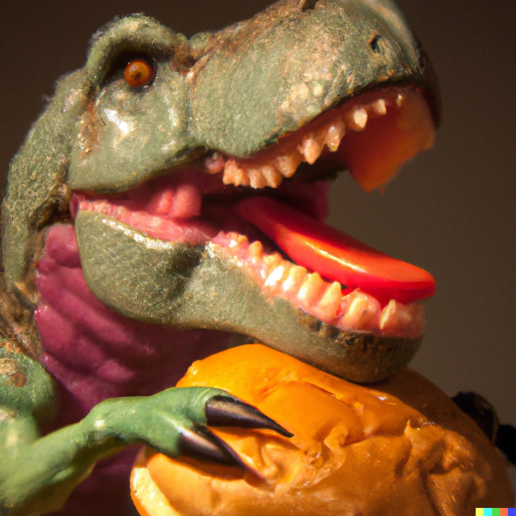 Prompt: photo of a t-rex eating a cheeseburger